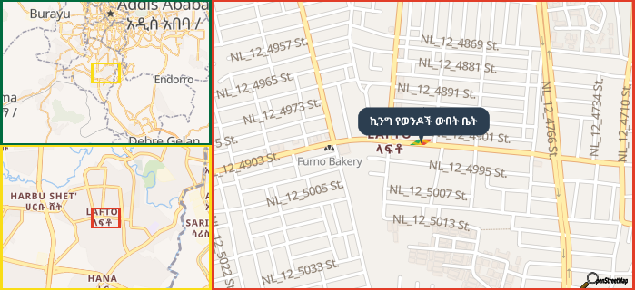 Map showing the address of ኪንግ የወንዶች ውበት ቤት in three different zoom levels.