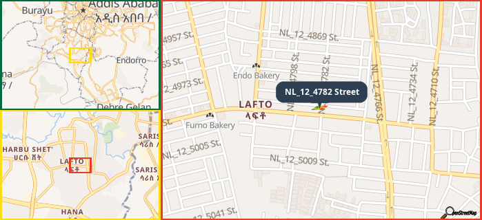 Map showing the address of NL_12_4782 Street in three different zoom levels.