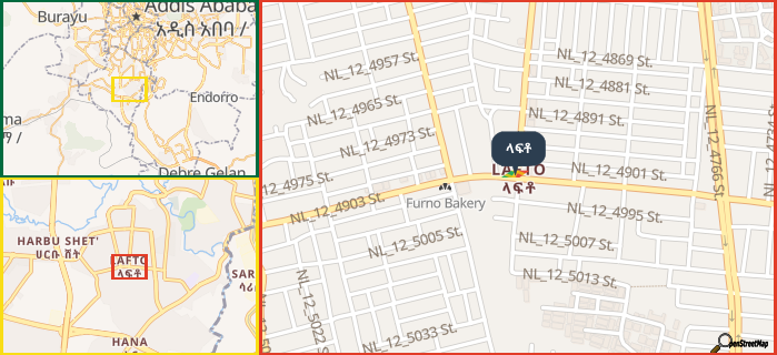 Map showing the address of ላፍቶ in three different zoom levels.