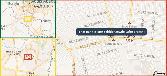 Map showing the address of Enat Bank (Sister Zebider Zewde Lafto Branch) in three different zoom levels.