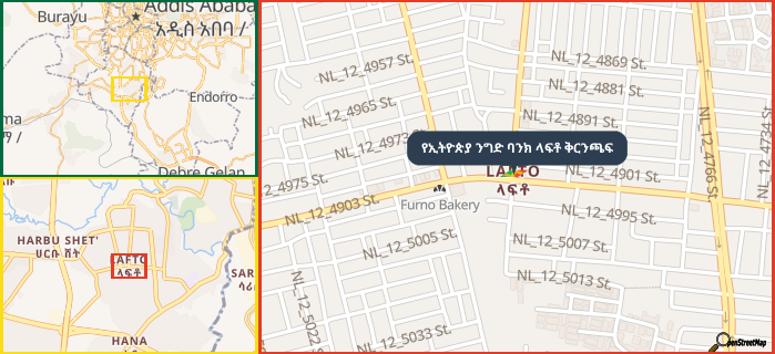 Map showing the address of የኢትዮጵያ ንግድ ባንክ ላፍቶ ቅርንጫፍ in three different zoom levels.