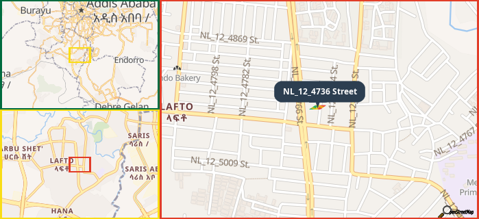 Map showing the address of NL_12_4736 Street in three different zoom levels.