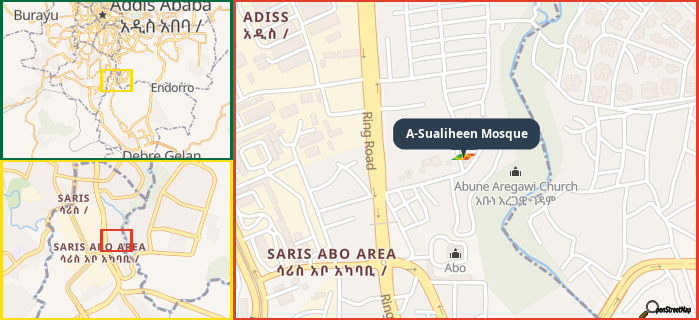 Map showing the address of A-Sualiheen Mosque in three different zoom levels.