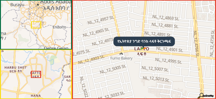 Map showing the address of የኢትዮጵያ ንግድ ባንክ ላፍቶ ቅርንጫፍ in three different zoom levels.