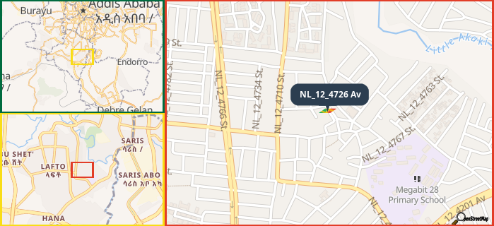 Map showing the address of NL_12_4726 Av in three different zoom levels.