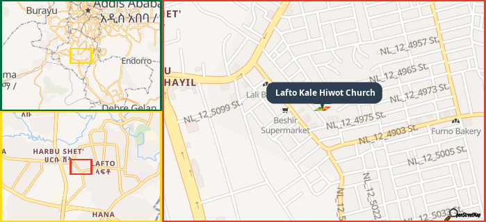 Map showing the address of Lafto Kale Hiwot Church in three different zoom levels.