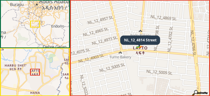 Map showing the address of NL_12_4814 Street in three different zoom levels.