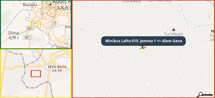 Map showing the address of Minibus Lafto 015: Jemmo 1 => Alem Gena in three different zoom levels.