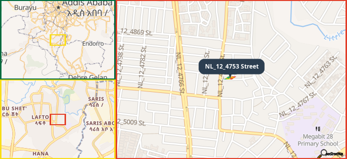 Map showing the address of NL_12_4753 Street in three different zoom levels.