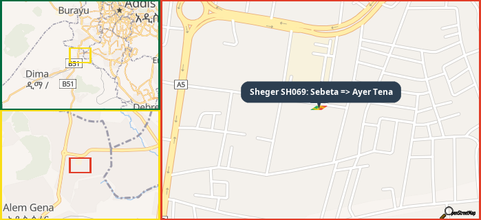 Map showing the address of Sheger SH069: Sebeta => Ayer Tena in three different zoom levels.