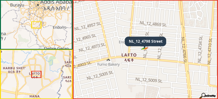 Map showing the address of NL_12_4798 Street in three different zoom levels.