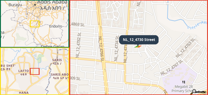 Map showing the address of NL_12_4730 Street in three different zoom levels.