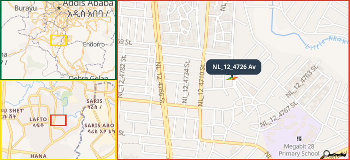 Map showing the address of NL_12_4726 Av in three different zoom levels.