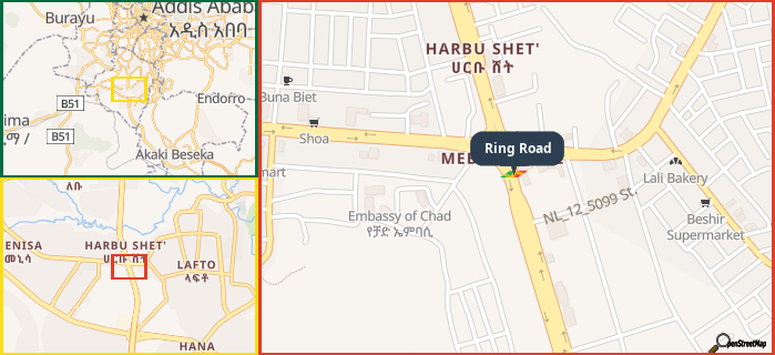 Map showing the address of Ring Road in three different zoom levels.