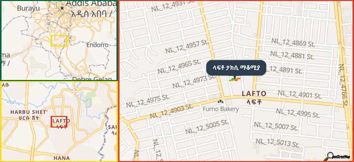 Map showing the address of ላፍቶ ታክሲ ማቆሚያ in three different zoom levels.