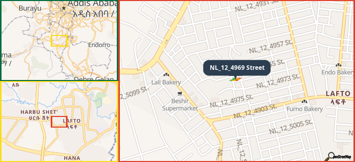 Map showing the address of NL_12_4969 Street in three different zoom levels.