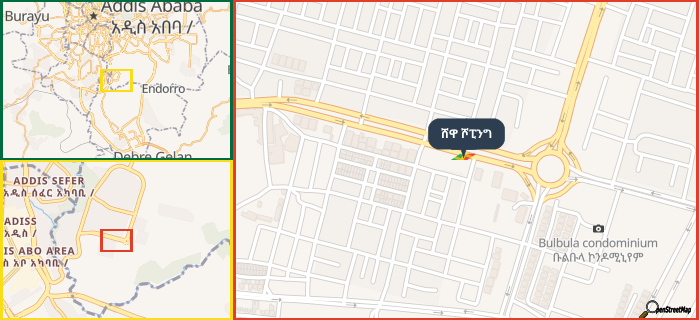 Map showing the address of ሸዋ ሾፒንግ in three different zoom levels.
