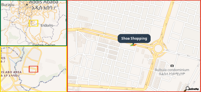 Map showing the address of Shoa Shopping in three different zoom levels.