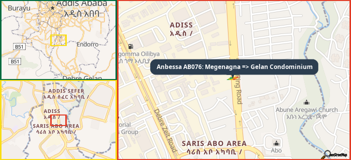 Map showing the address of Anbessa AB076: Megenagna => Gelan Condominium in three different zoom levels.