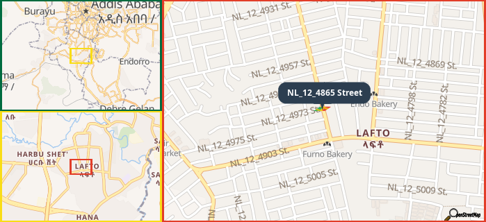 Map showing the address of NL_12_4865 Street in three different zoom levels.