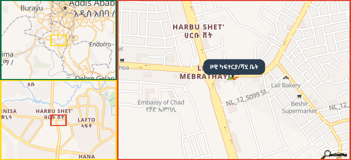 Map showing the address of ዞዊ ካፍተርያ/ሻሂ ቤት in three different zoom levels.