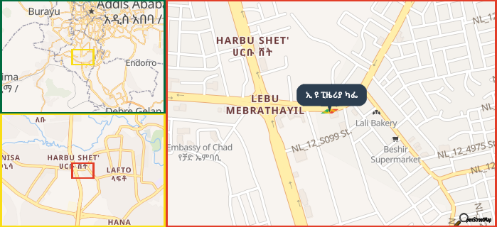 Map showing the address of ኢ ዩ ፒዜሪያ ካፌ in three different zoom levels.