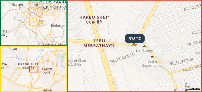 Map showing the address of ዊንታ ሽሮ in three different zoom levels.