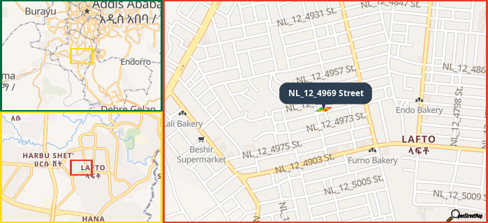 Map showing the address of NL_12_4969 Street in three different zoom levels.