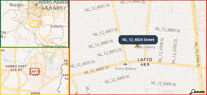 Map showing the address of NL_12_4824 Street in three different zoom levels.