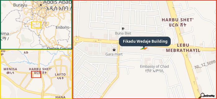 Map showing the address of Fikadu Wedaje Building in three different zoom levels.