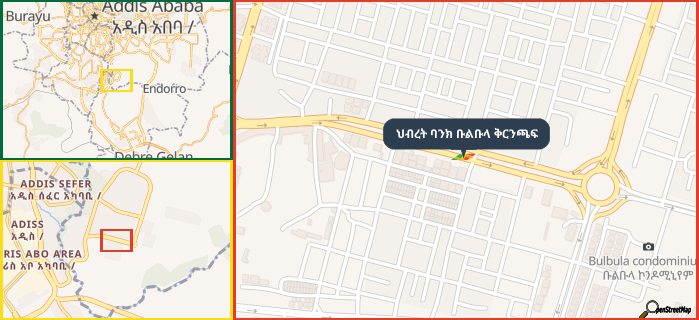Map showing the address of ህብረት ባንክ ቡልቡላ ቅርንጫፍ in three different zoom levels.