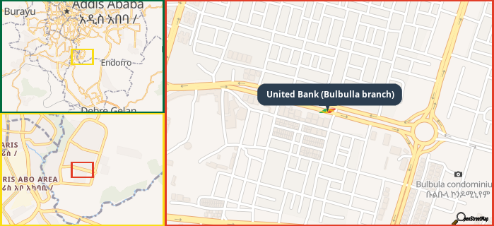 Map showing the address of United Bank (Bulbulla branch) in three different zoom levels.