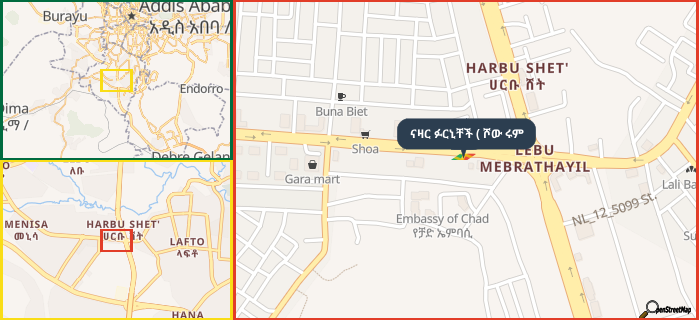 Map showing the address of ናዛር ፉርኒቸች ( ሾው ሩም in three different zoom levels.