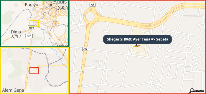 Map showing the address of Sheger SH069: Ayer Tena => Sebeta in three different zoom levels.