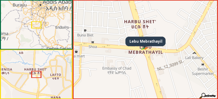 Map showing the address of Lebu Mebrathayil in three different zoom levels.