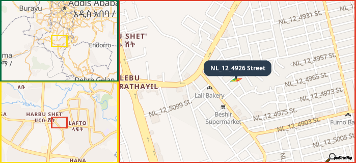 Map showing the address of NL_12_4926 Street in three different zoom levels.