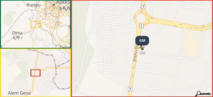 Map showing the address of GM in three different zoom levels.