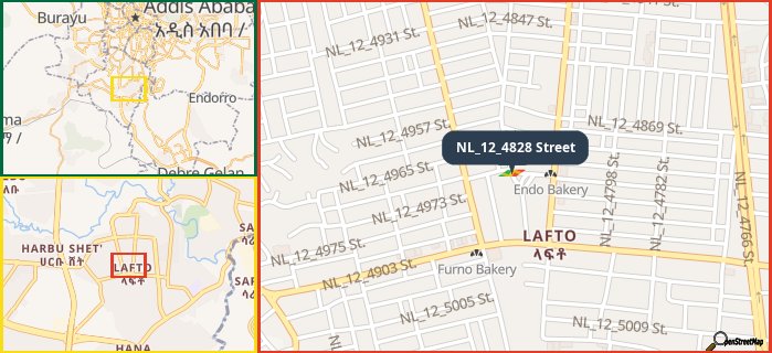 Map showing the address of NL_12_4828 Street in three different zoom levels.