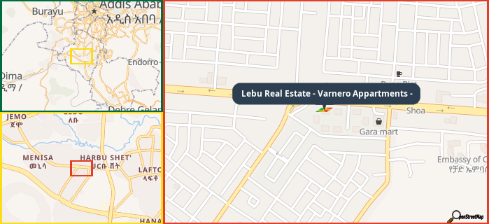 Map showing the address of Lebu Real Estate - Varnero Appartments - in three different zoom levels.