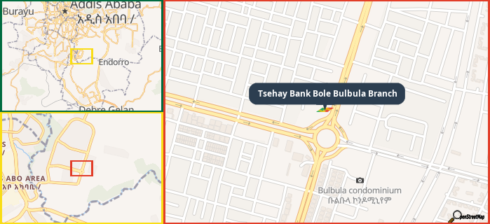 Map showing the address of Tsehay Bank Bole Bulbula Branch in three different zoom levels.