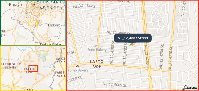 Map showing the address of NL_12_4887 Street in three different zoom levels.