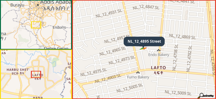 Map showing the address of NL_12_4895 Street in three different zoom levels.