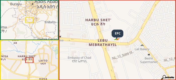 Map showing the address of EPC in three different zoom levels.