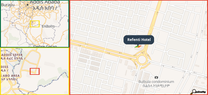 Map showing the address of Refenti Hotel in three different zoom levels.