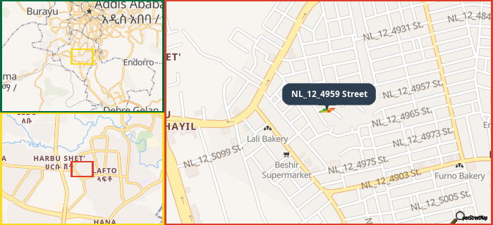 Map showing the address of NL_12_4959 Street in three different zoom levels.