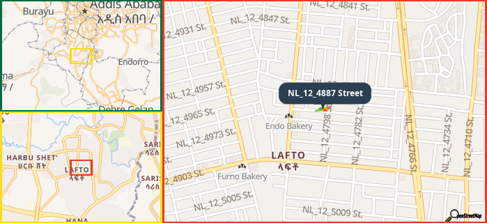 Map showing the address of NL_12_4887 Street in three different zoom levels.