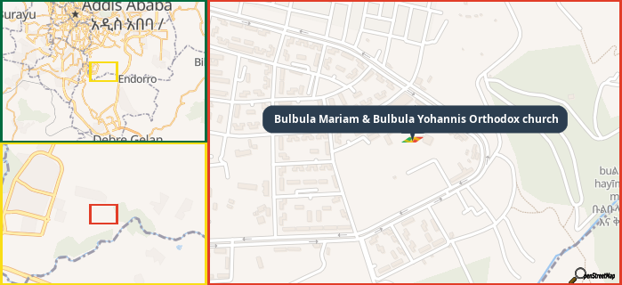 Map showing the address of Bulbula Mariam & Bulbula Yohannis Orthodox church in three different zoom levels.