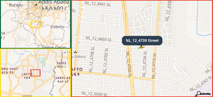 Map showing the address of NL_12_4739 Street in three different zoom levels.