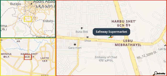 Map showing the address of Safeway Supermarket in three different zoom levels.