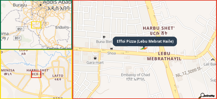 Map showing the address of Effoi Pizza (Lebu Mebrat Haile) in three different zoom levels.